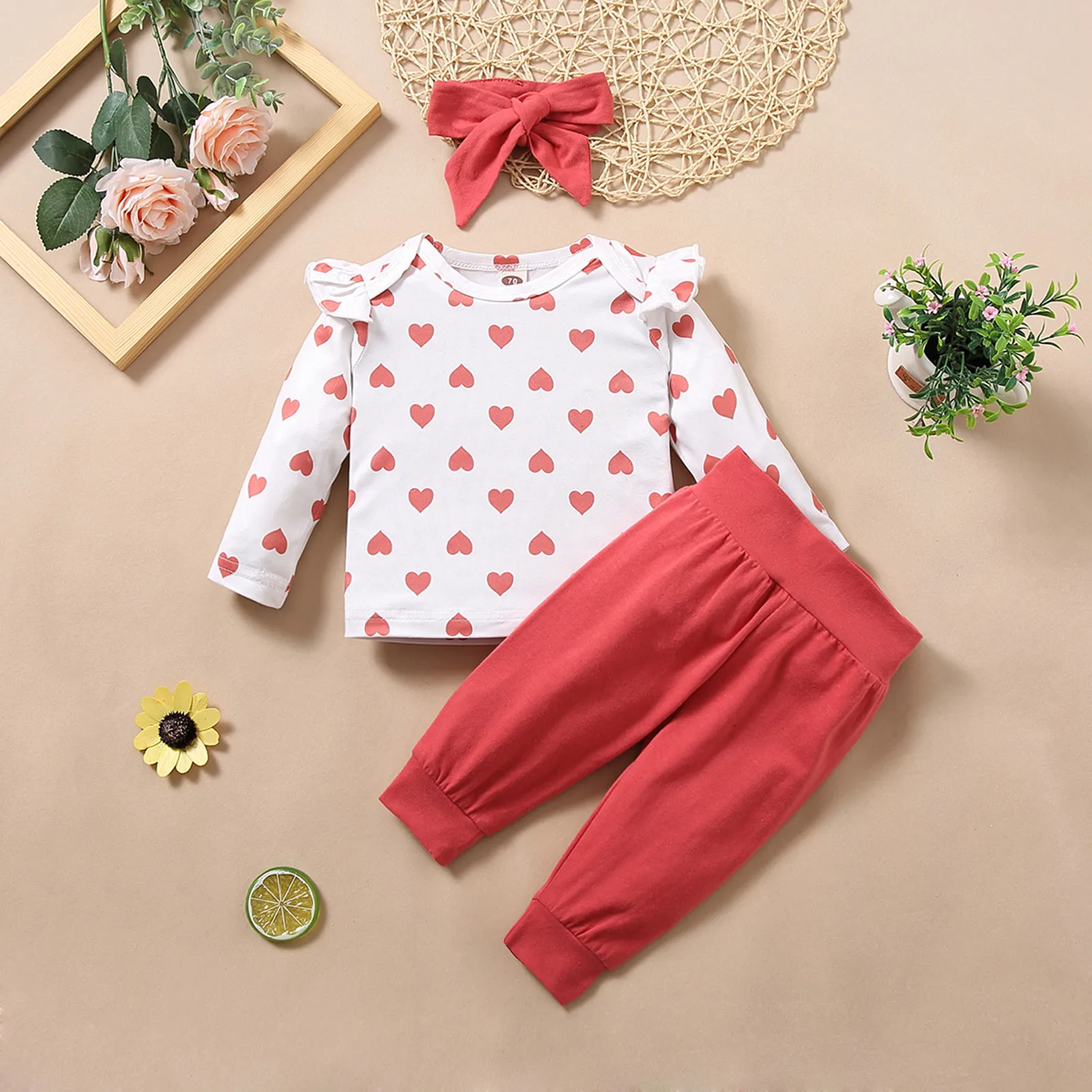 

0-12Months Newborn Infant Baby Print Ruffle Heart Tops+Solid Pants+Headband Set Outfits повязка на головђ зима Cute warm suit M5